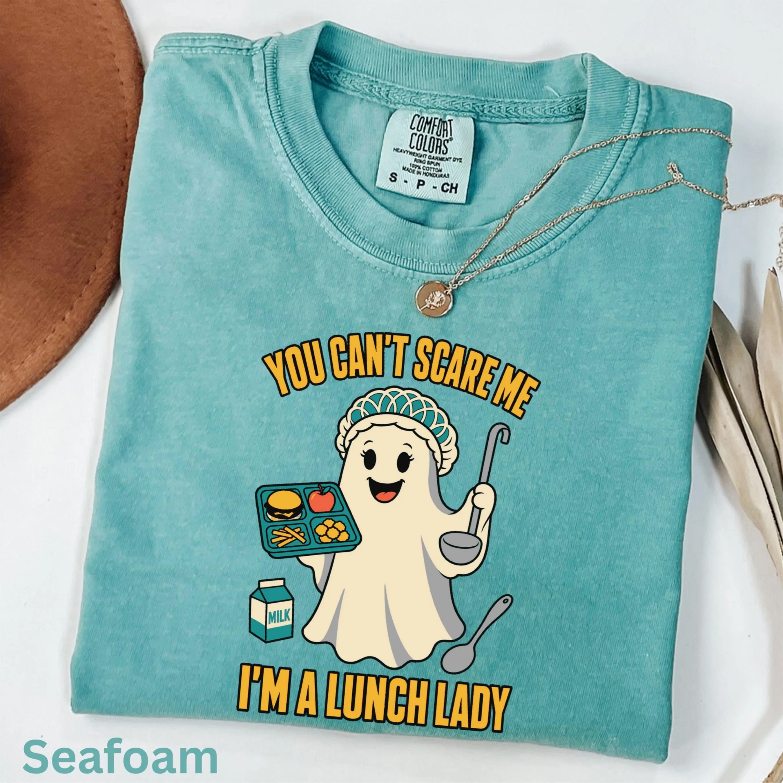 You Can't Scare Me Lunch Lady Shirt, Comfort Colors Funny Halloween Ghost Cafeteria School Crew Tee - photo 4
