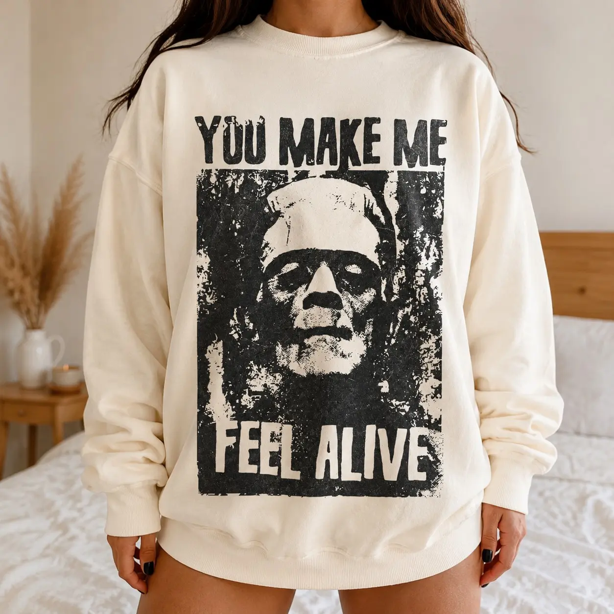 You Make Me Feel Alive Frankenstein Sweatshirt, Vintage Monster Movie Crewneck, Distressed Gothic Halloween Gift - photo 2
