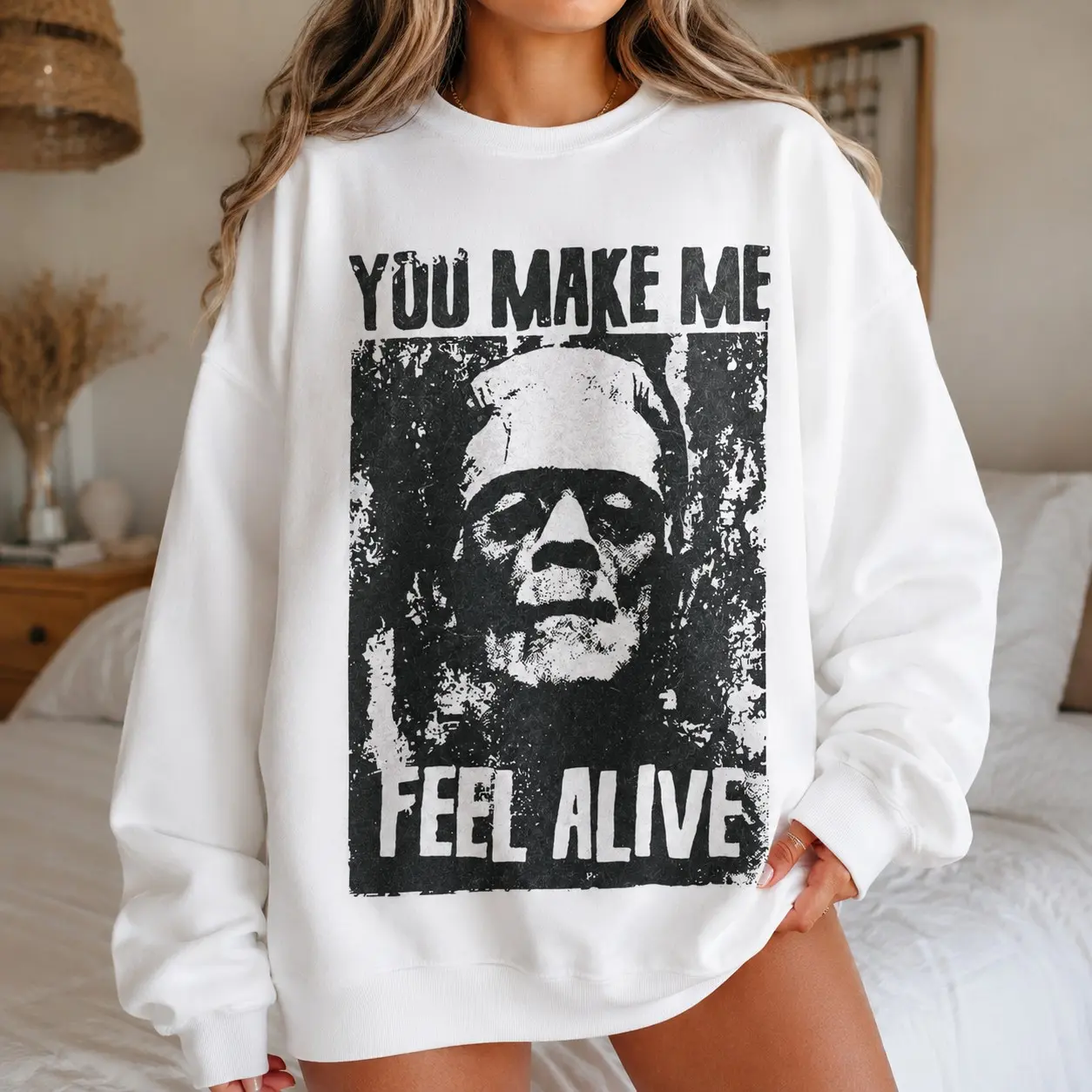 You Make Me Feel Alive Frankenstein Sweatshirt, Vintage Monster Movie Crewneck, Distressed Gothic Halloween Gift - photo 3