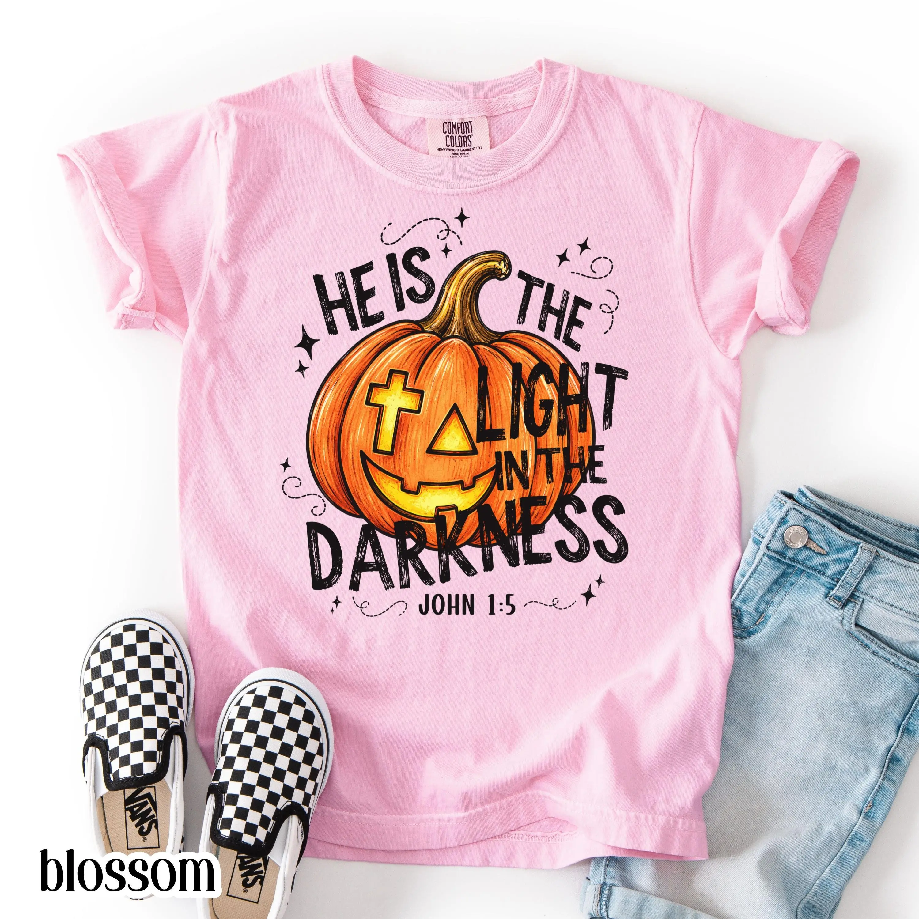 Comfort Colors He Is The Light In The Darkness Sweatshirt, Christian Halloween John 1:5 Faith Pumpkin Youth Kids Top - photo 2