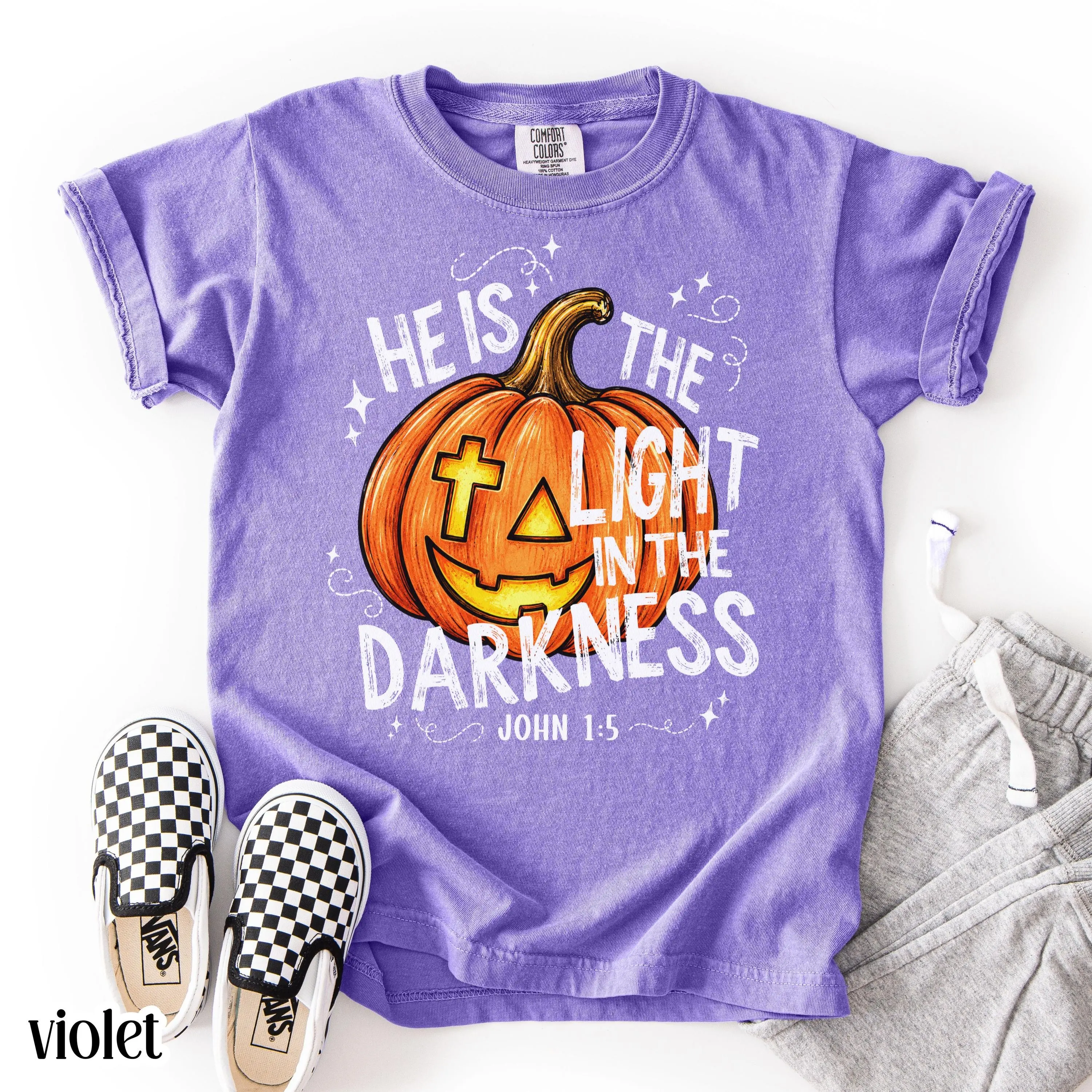 Comfort Colors He Is The Light In The Darkness Sweatshirt, Christian Halloween John 1:5 Faith Pumpkin Youth Kids Top - photo 3