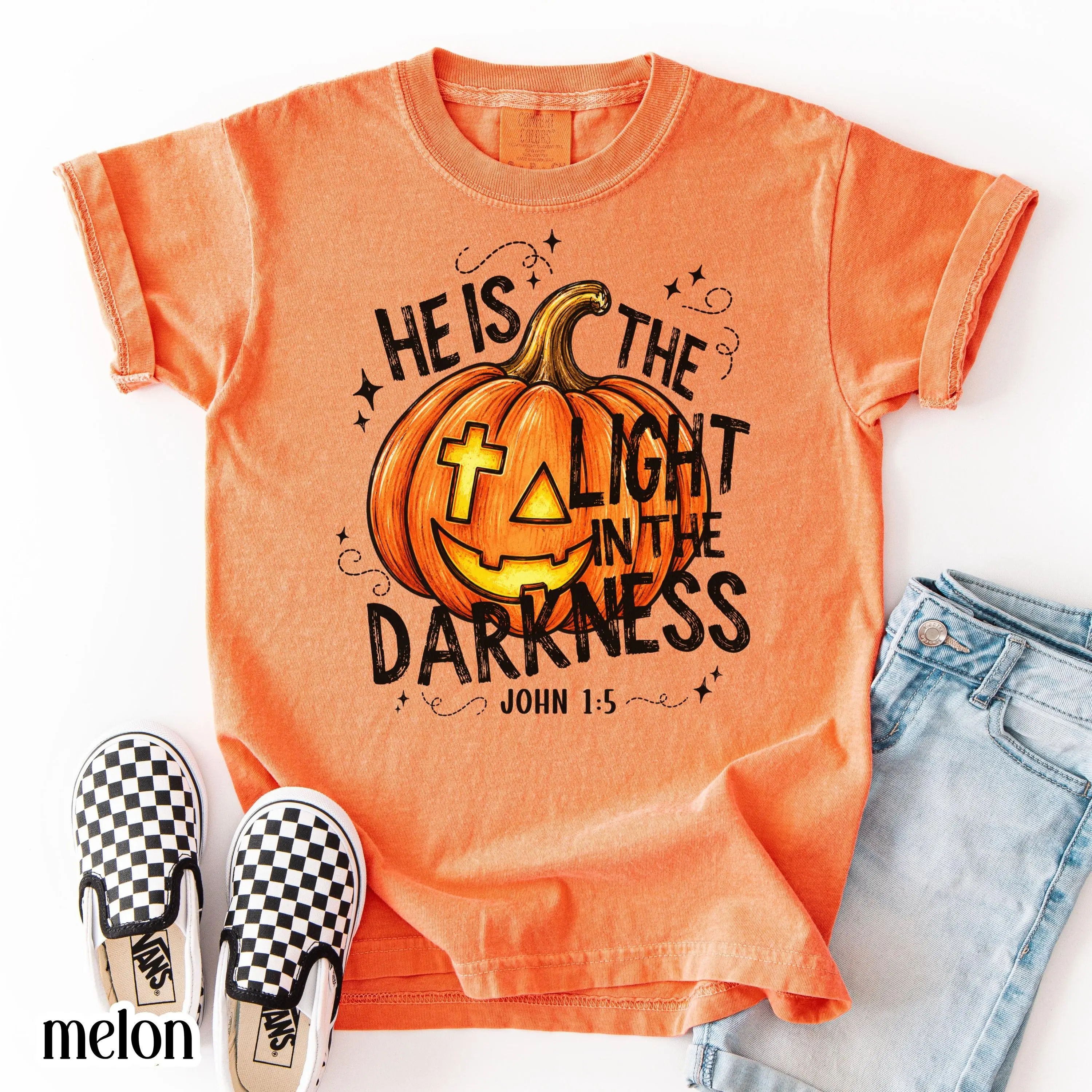 Comfort Colors He Is The Light In The Darkness Sweatshirt, Christian Halloween John 1:5 Faith Pumpkin Youth Kids Top - photo 4