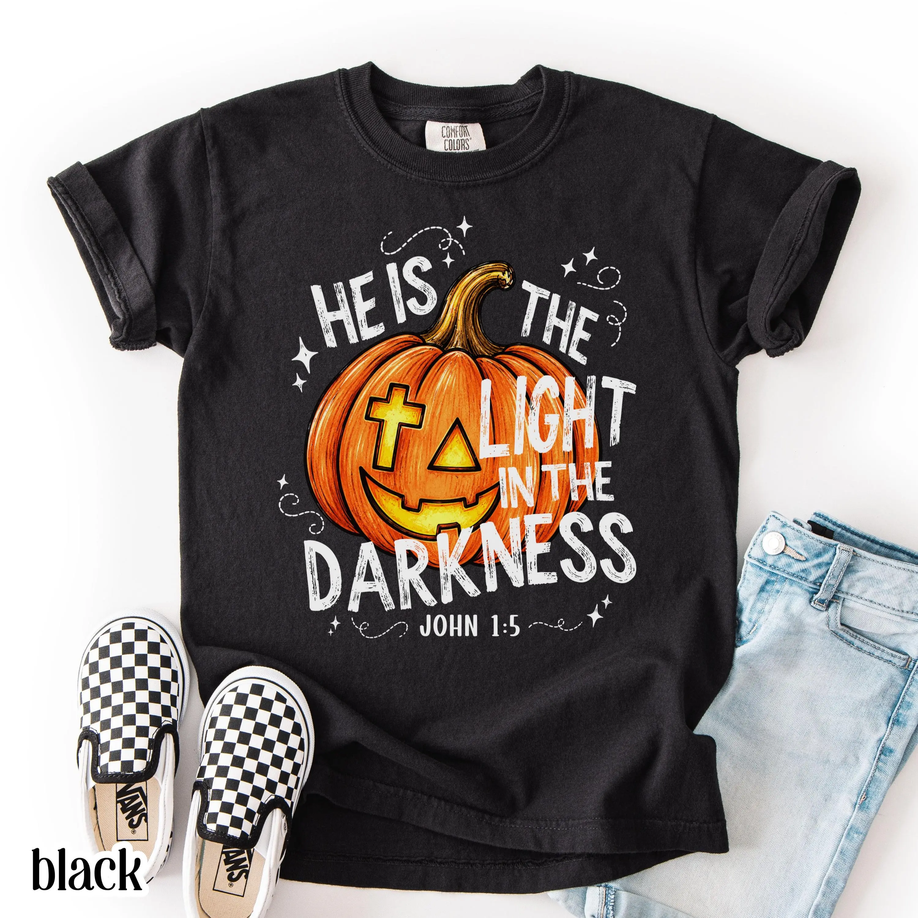 Comfort Colors He Is The Light In The Darkness Sweatshirt, Christian Halloween John 1:5 Faith Pumpkin Youth Kids Top - photo 5