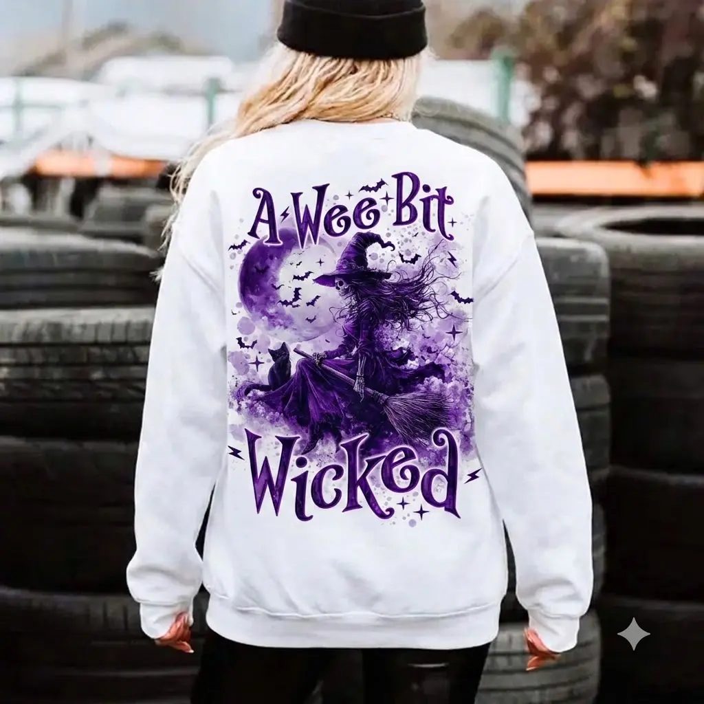A Wee Bit Wicked Halloween Sweatshirt, Witch Back Print Spooky Season Crewneck, Fall Gift