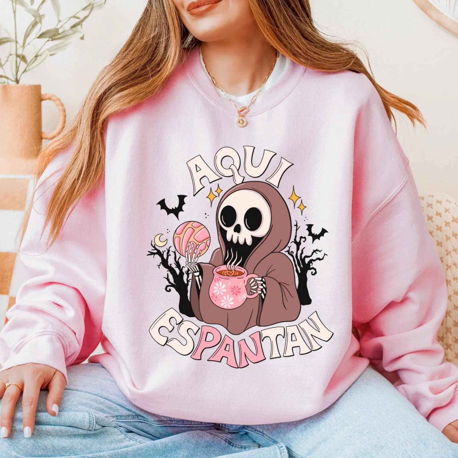Aqui Espantan Halloween Sweatshirt, Pan Dulce and Coffee Skeleton Crewneck, Spooky Season Gift
