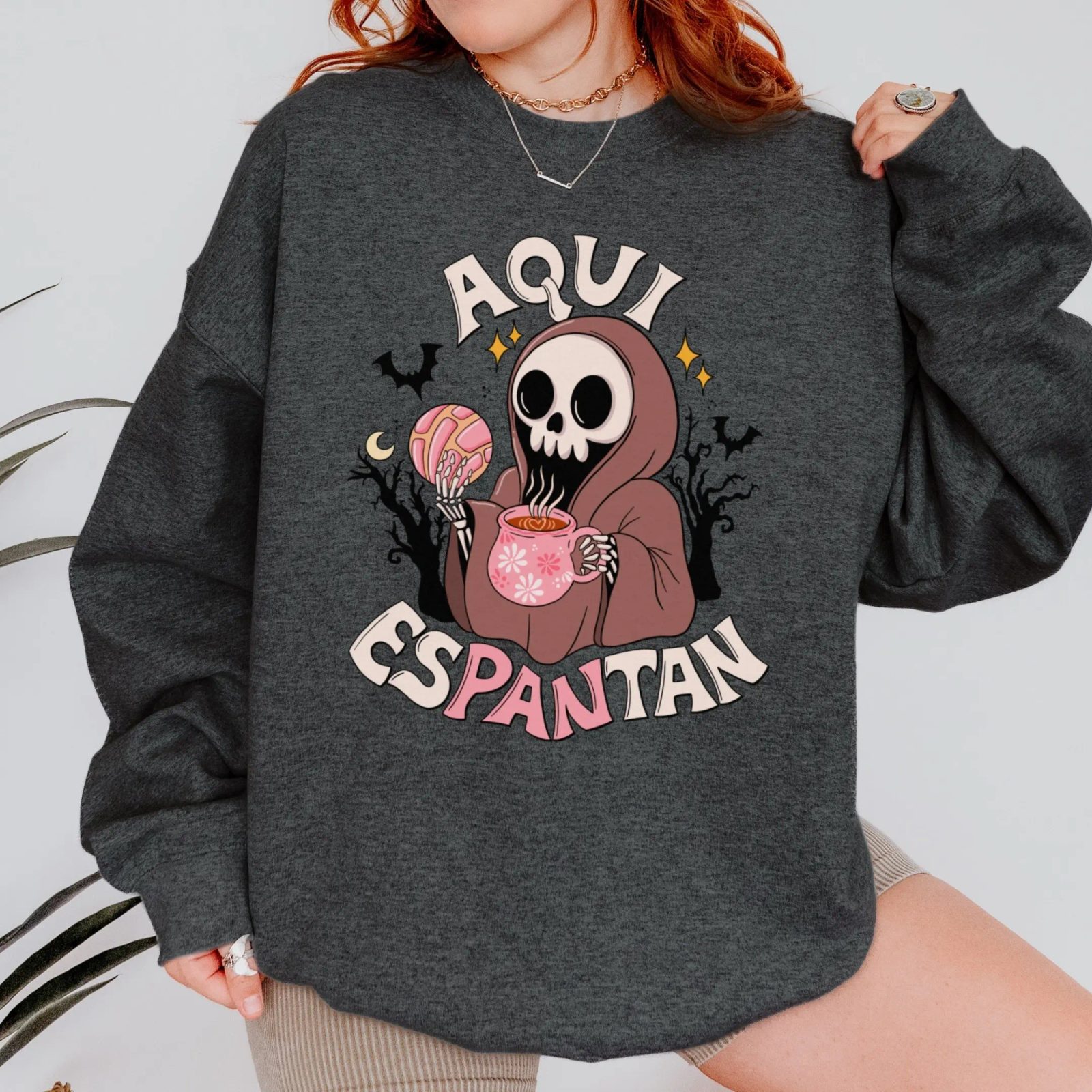 Aqui Espantan Halloween Sweatshirt, Pan Dulce and Coffee Skeleton Crewneck, Spooky Season Gift — photo 2