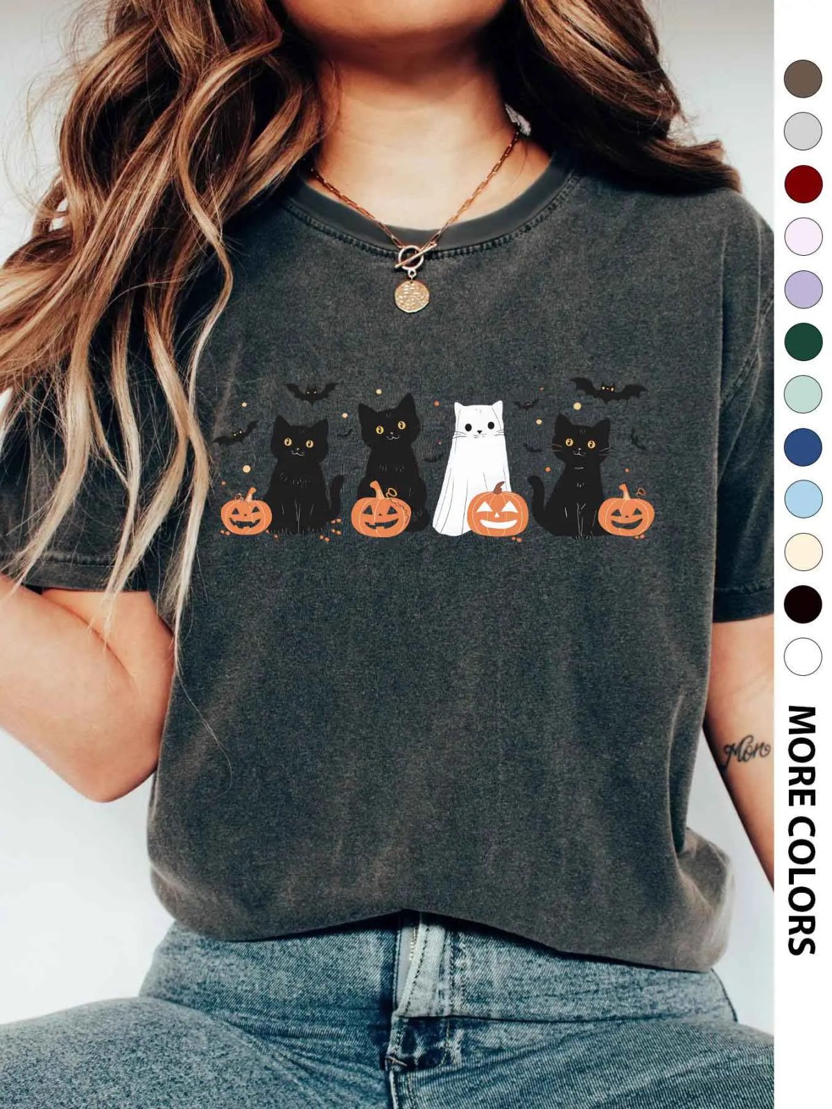 Black Cat Shirt with Jack-o'-Lanterns, Ghost Cat Halloween Pumpkin Shirt, Cute Fall Gift for Her — photo 1