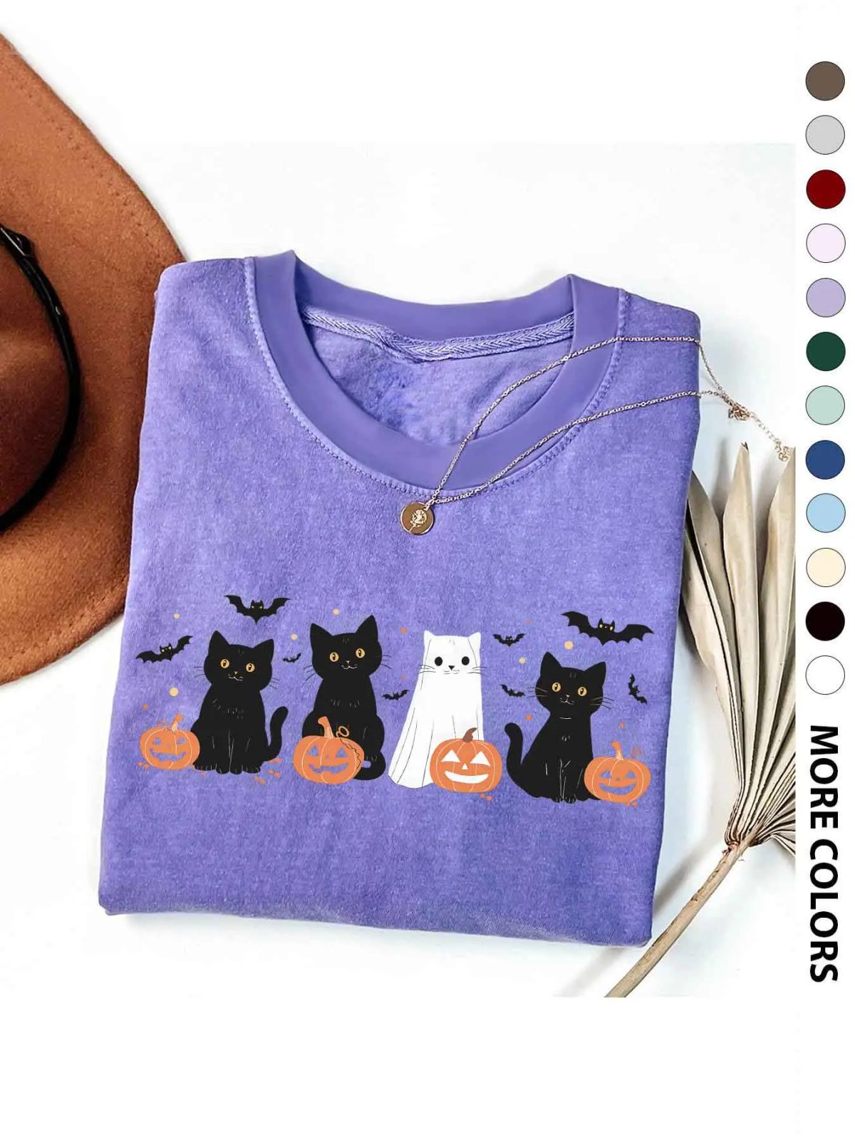 Black Cat Shirt with Jack-o'-Lanterns, Ghost Cat Halloween Pumpkin Shirt, Cute Fall Gift for Her — photo 2