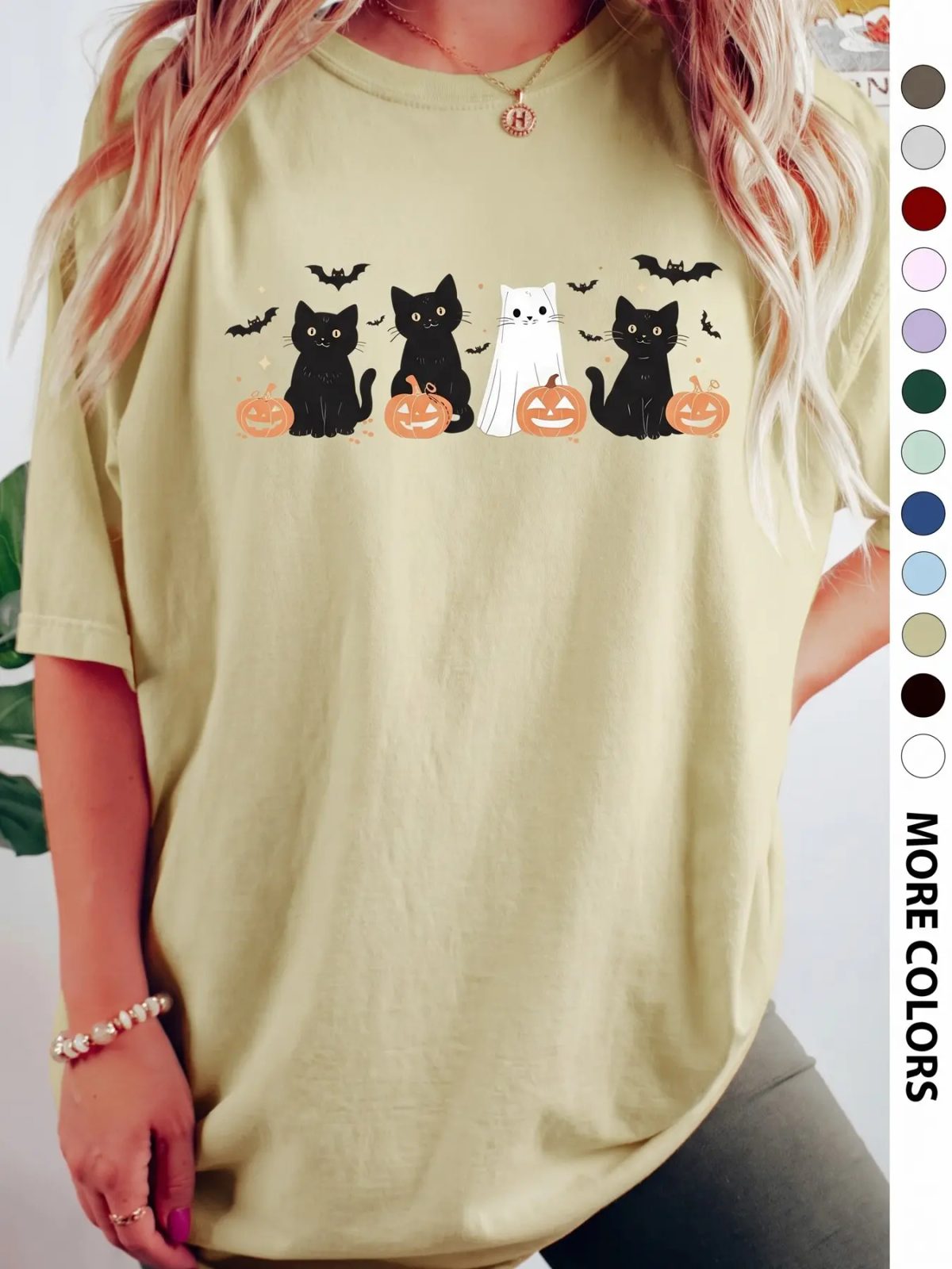 Black Cat Shirt with Jack-o'-Lanterns, Ghost Cat Halloween Pumpkin Shirt, Cute Fall Gift for Her — photo 3