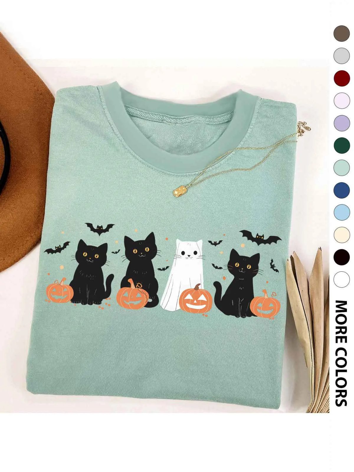 Black Cat Shirt with Jack-o'-Lanterns, Ghost Cat Halloween Pumpkin Shirt, Cute Fall Gift for Her — photo 4