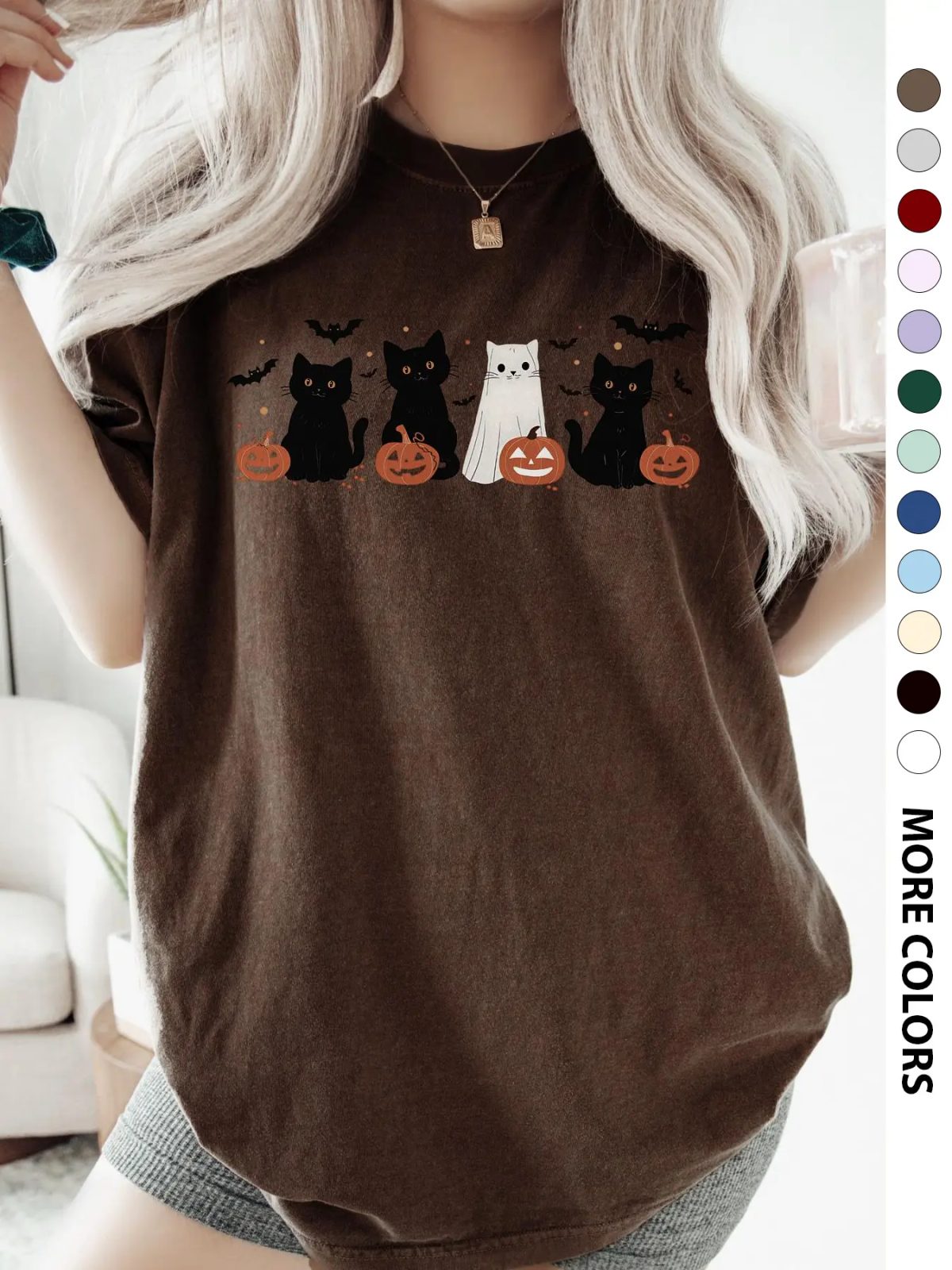 Black Cat Shirt with Jack-o'-Lanterns, Ghost Cat Halloween Pumpkin Shirt, Cute Fall Gift for Her — photo 5
