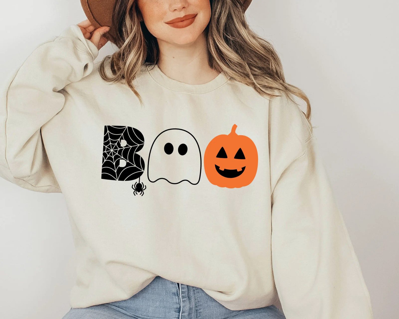 Boo Ghost Sweatshirt, Pumpkin and Spider Web Halloween Sweatshirt, Spooky Season Crewneck, Fall Gift