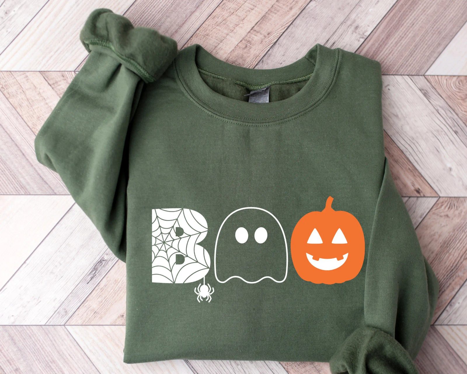 Boo Ghost Sweatshirt, Pumpkin and Spider Web Halloween Sweatshirt, Spooky Season Crewneck, Fall Gift — photo 3