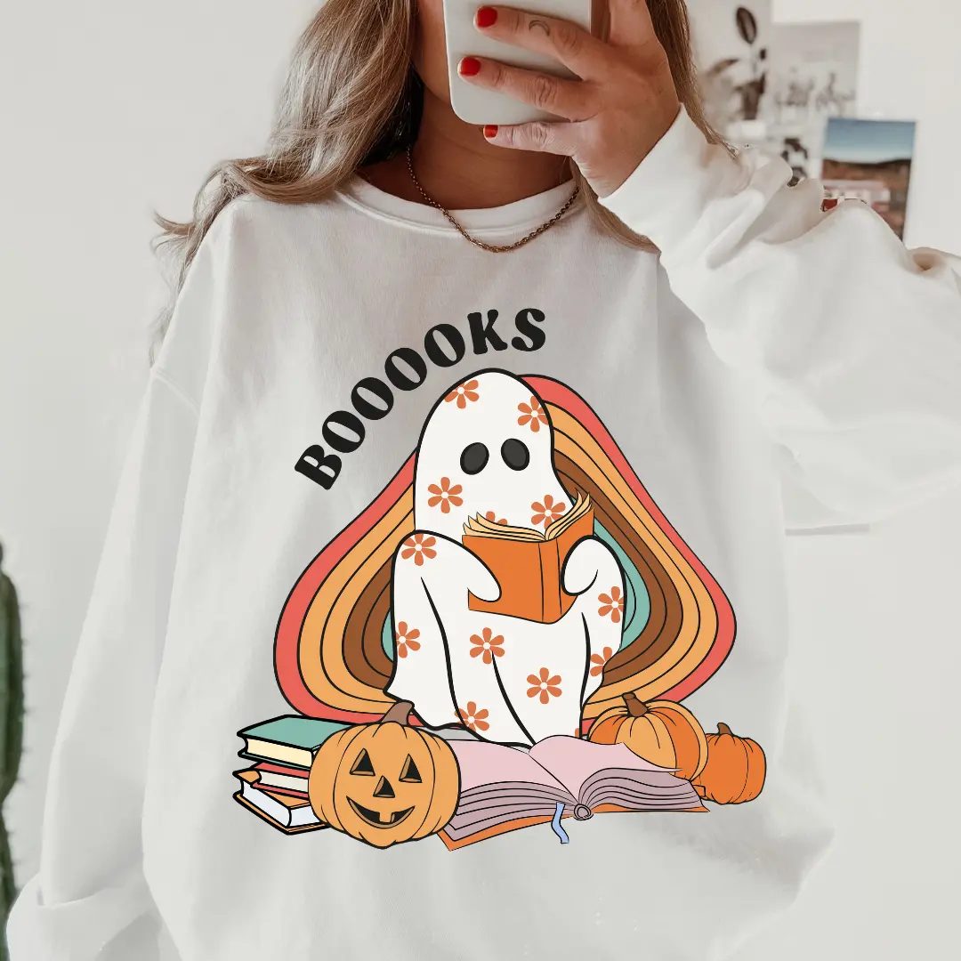 Booooks Ghost Sweatshirt, Cute Halloween Crewneck for Book Lovers, Spooky Season Gift