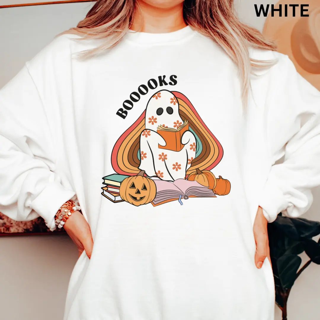 Booooks Ghost Sweatshirt, Cute Halloween Crewneck for Book Lovers, Spooky Season Gift — photo 2