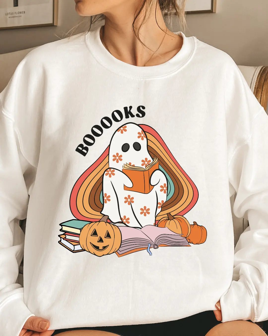 Booooks Ghost Sweatshirt, Cute Halloween Crewneck for Book Lovers, Spooky Season Gift — photo 5