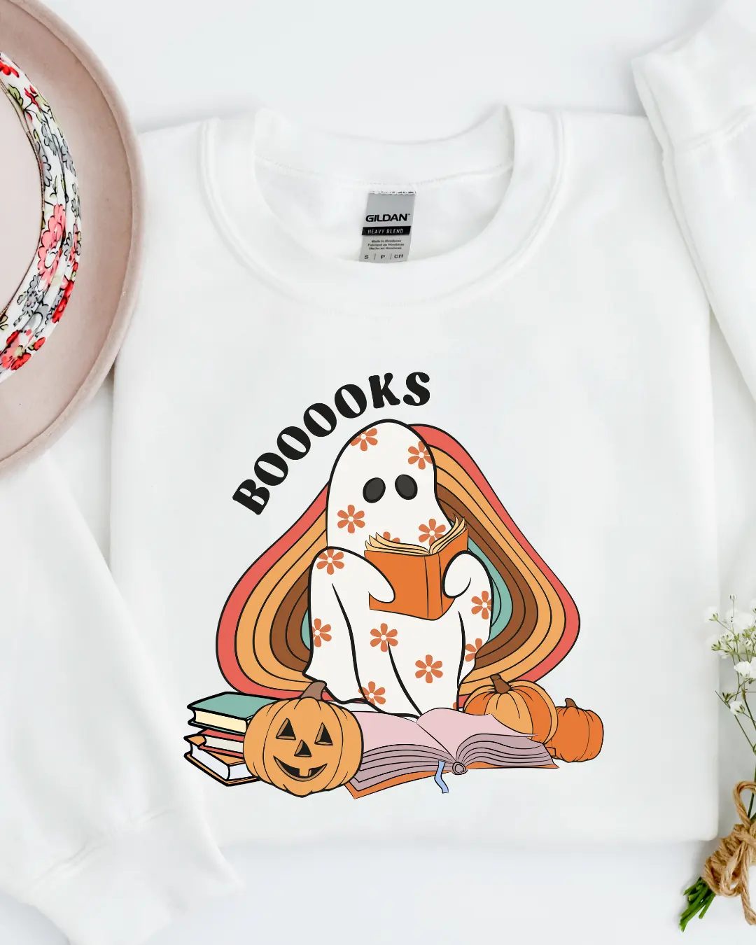 Booooks Ghost Sweatshirt, Cute Halloween Crewneck for Book Lovers, Spooky Season Gift - photo 5
