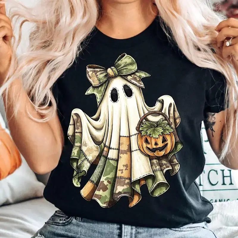 Camo Bow Ghost Shirt, Cute Ghost Tee, Halloween Ghost Shirt, Fall Gift for Her