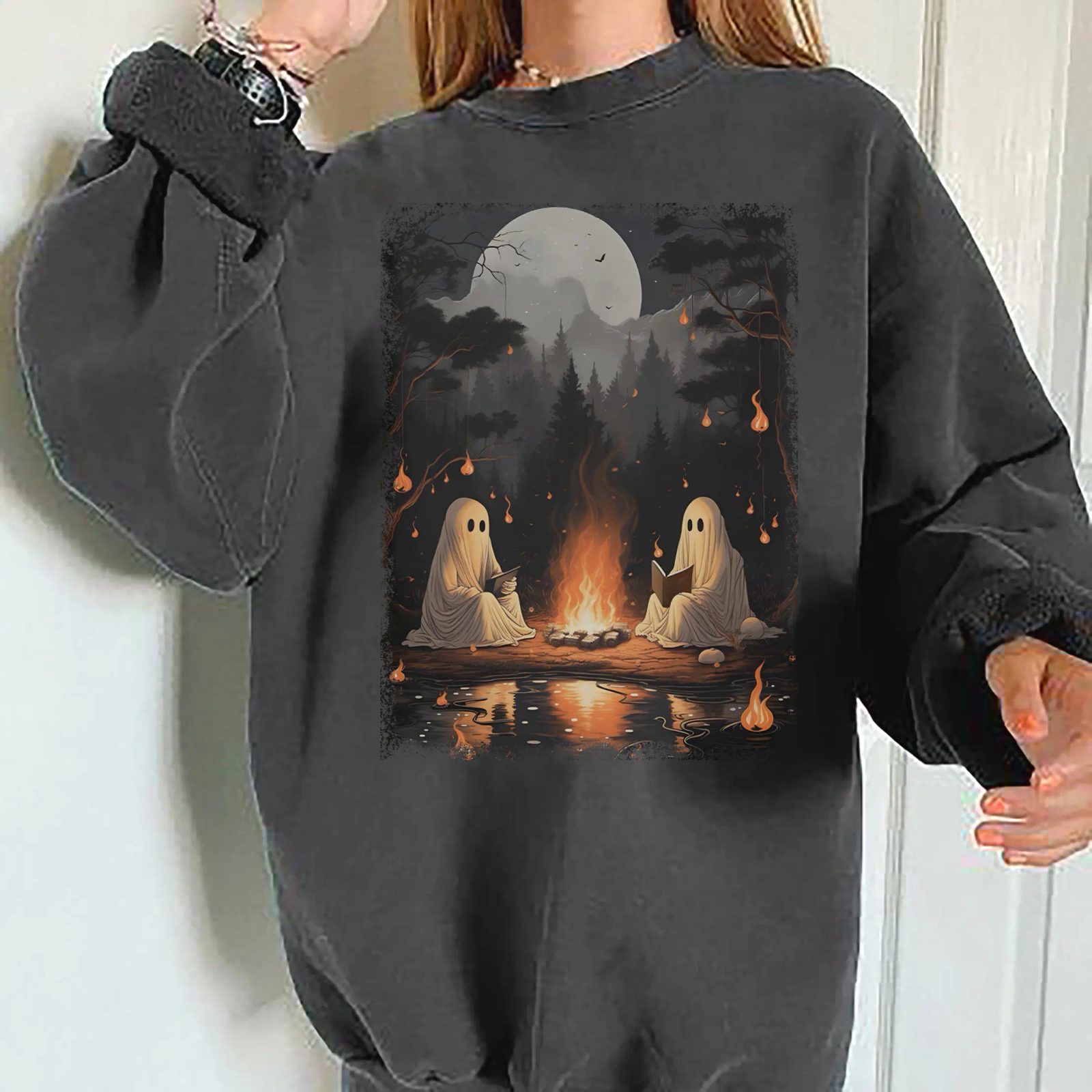 Campfire Ghost Sweatshirt, Moonlit Forest Halloween Crewneck, Cozy Fall Crewneck, Camping Gift