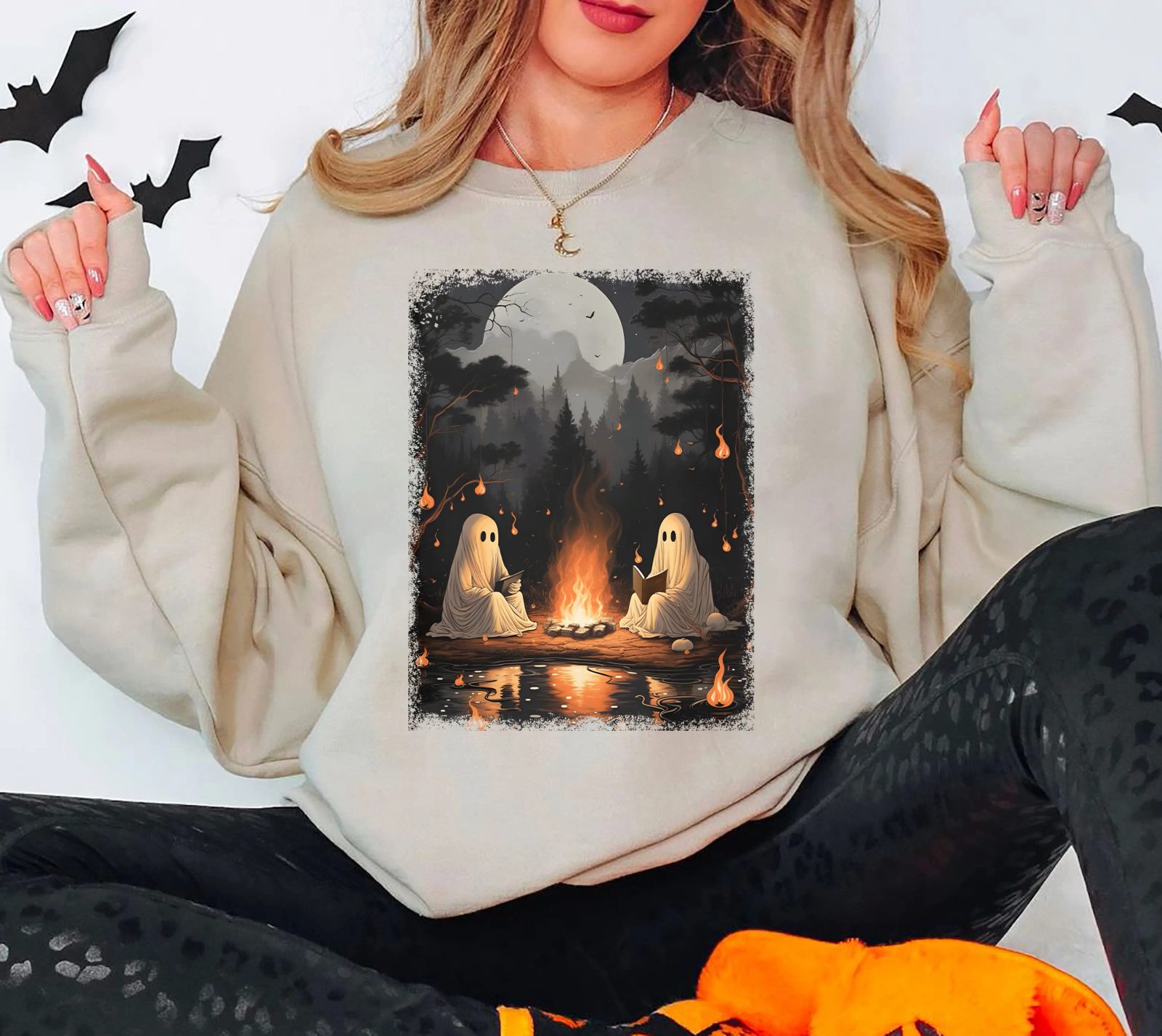 Campfire Ghost Sweatshirt, Moonlit Forest Halloween Crewneck, Cozy Fall Crewneck, Camping Gift — photo 2