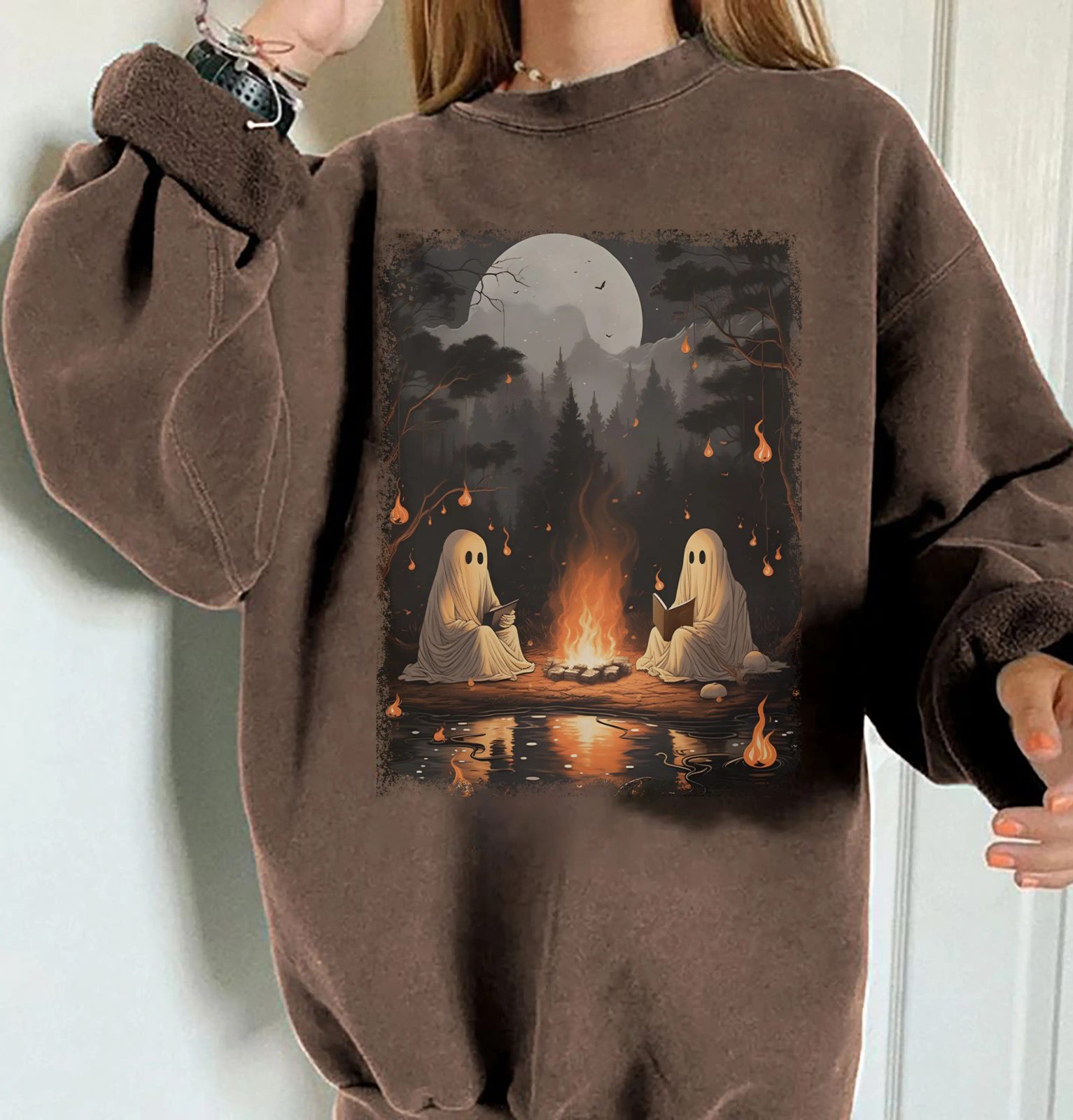 Campfire Ghost Sweatshirt, Moonlit Forest Halloween Crewneck, Cozy Fall Crewneck, Camping Gift — photo 3