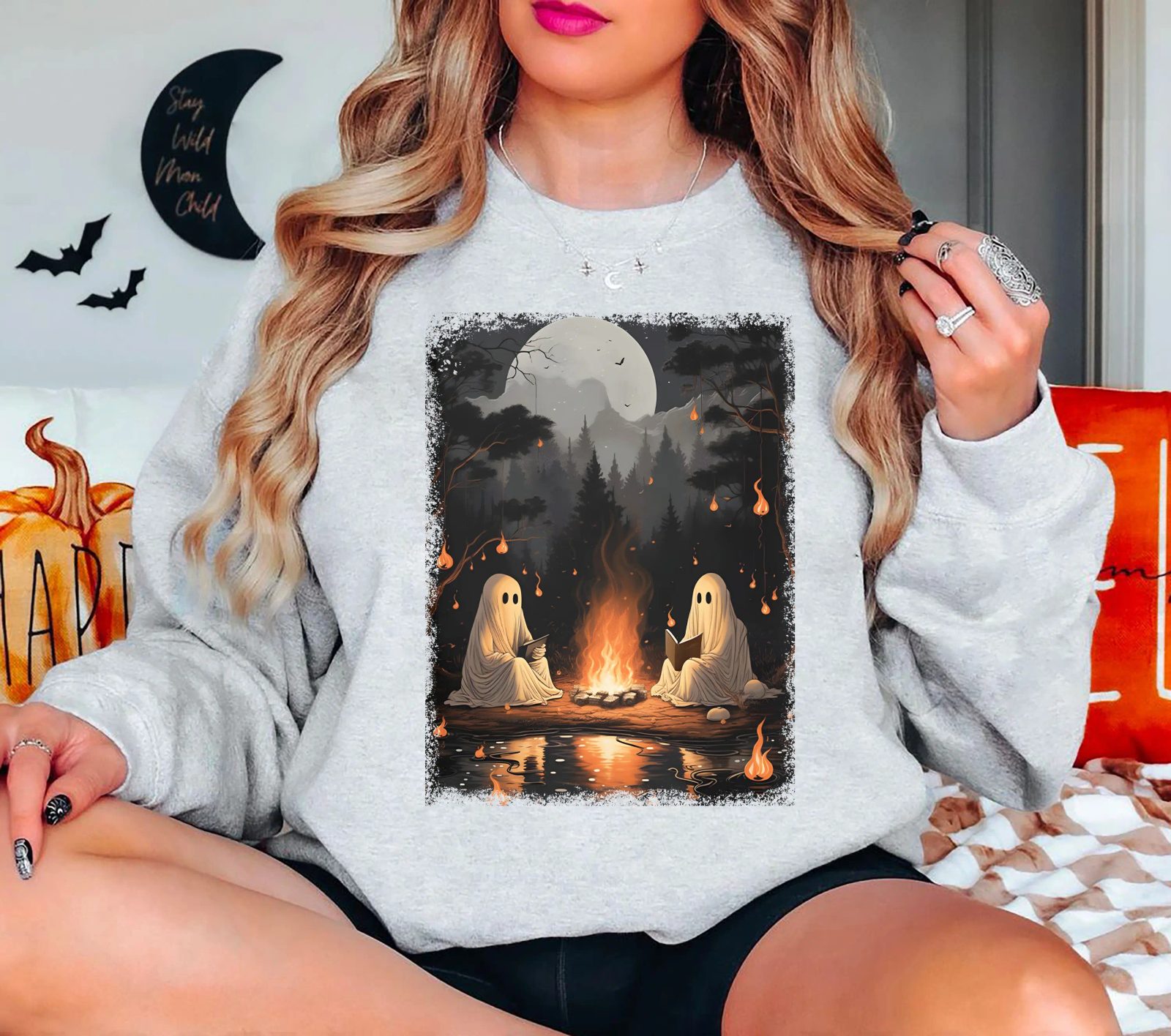 Campfire Ghost Sweatshirt, Moonlit Forest Halloween Crewneck, Cozy Fall Crewneck, Camping Gift — photo 4