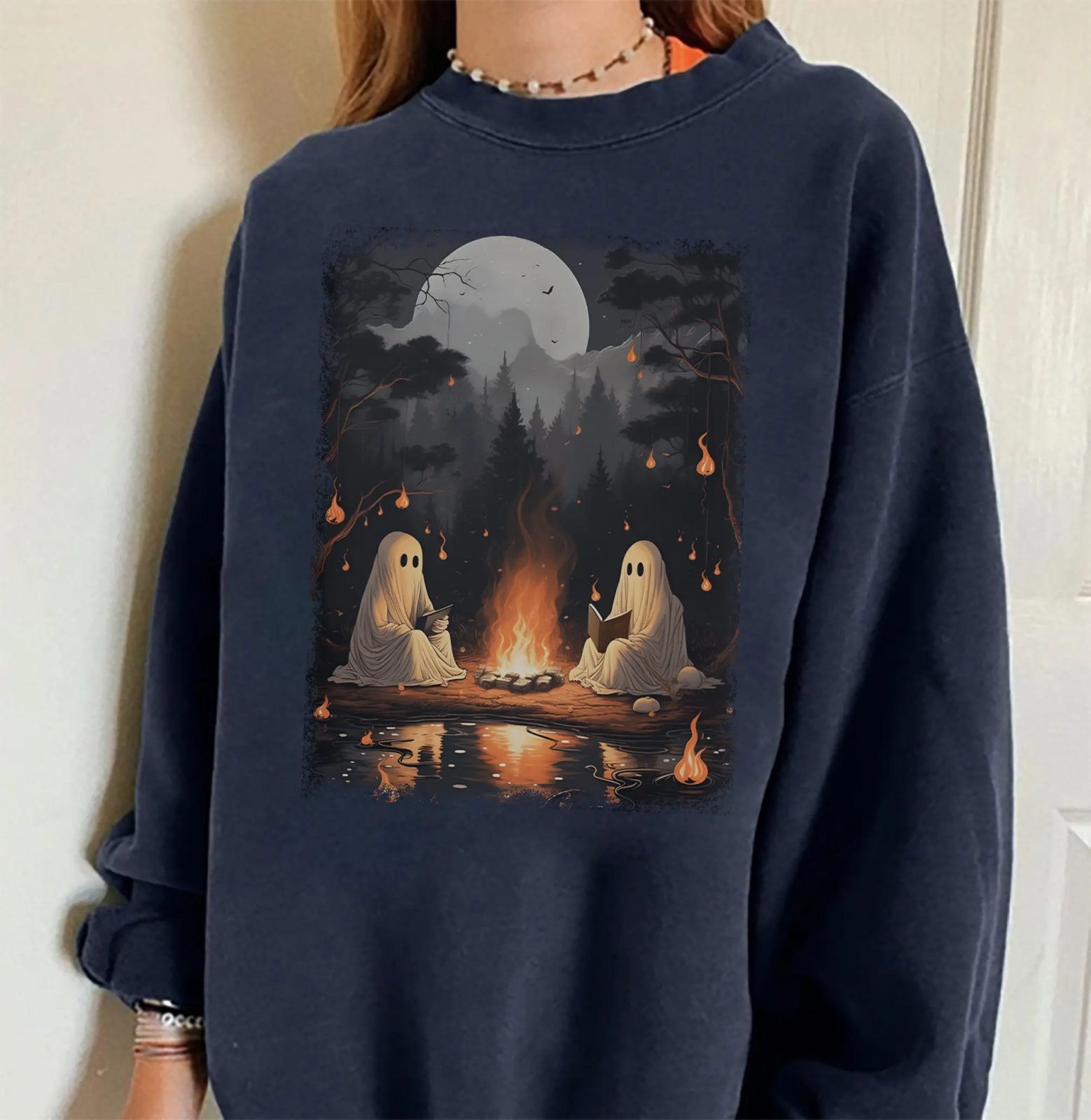 Campfire Ghost Sweatshirt, Moonlit Forest Halloween Crewneck, Cozy Fall Crewneck, Camping Gift — photo 5