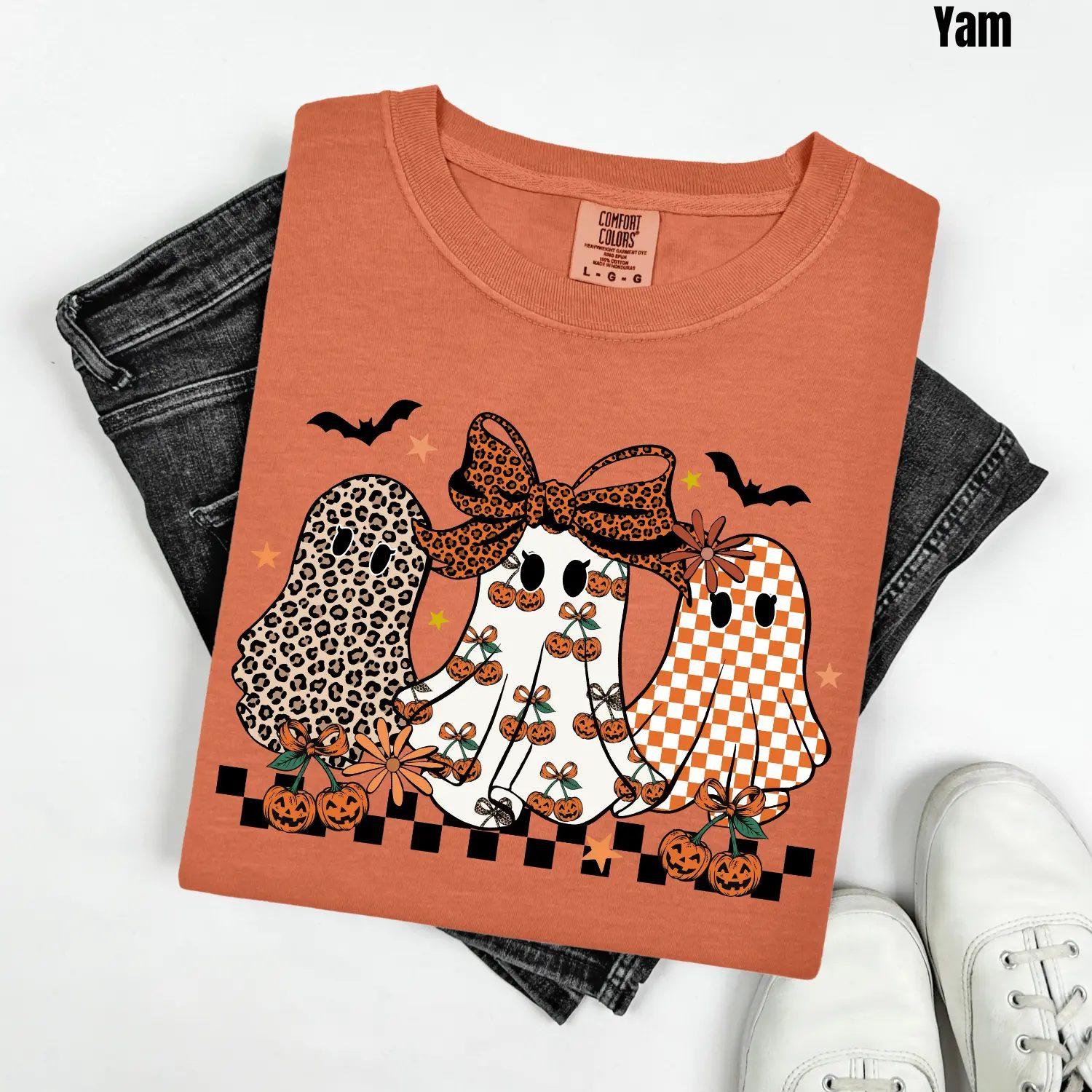 Comfort Colors Checkered Bow Ghost Shirt, Leopard Ghost Tee, Fall Gift for Her