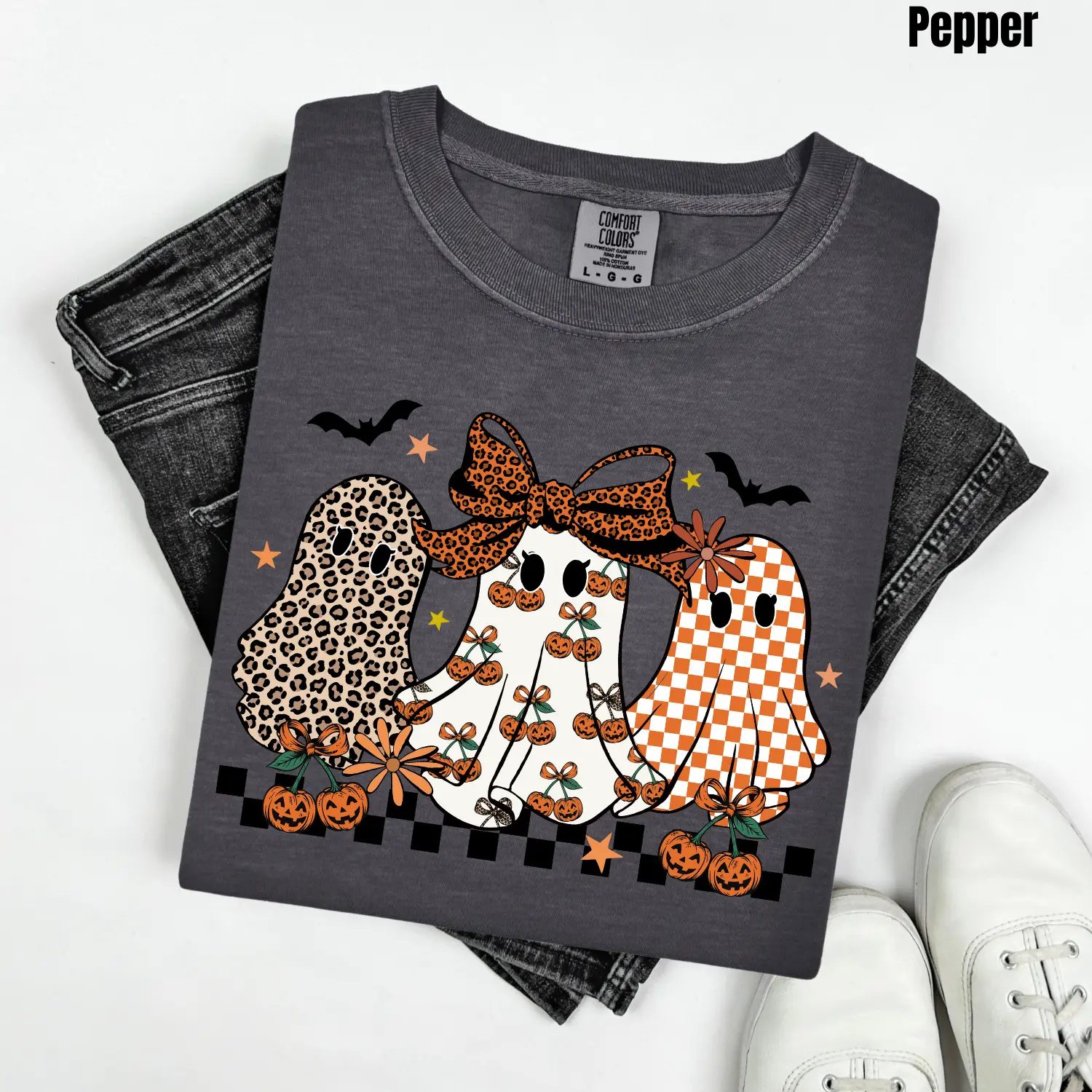 Comfort Colors Checkered Bow Ghost Shirt, Leopard Ghost Tee, Fall Gift for Her — photo 2