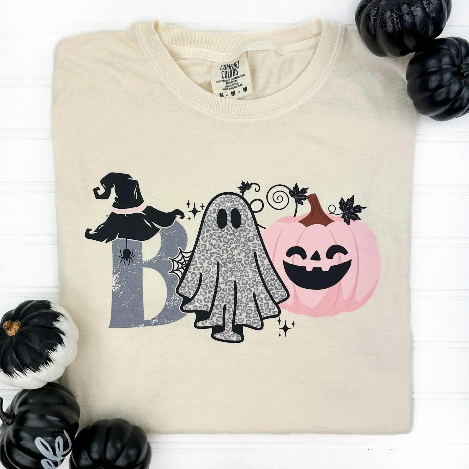 Comfort Colors Boo Shirt, Leopard Ghost Tee, Pink Pumpkin Halloween Gift for Her