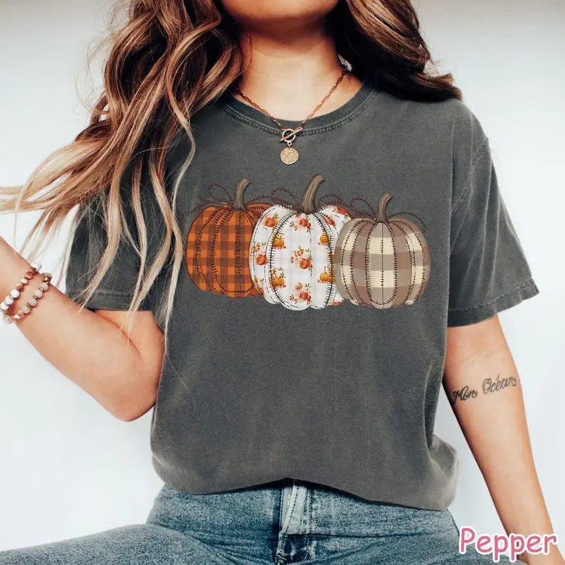 Comfort Colors Pumpkin Shirt, Patchwork Plaid Fall Graphic Tee, Cozy Pumpkin Patch Shirt — photo 2