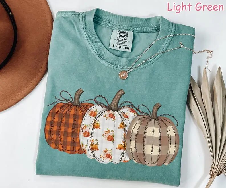 Comfort Colors Pumpkin Shirt, Patchwork Plaid Fall Graphic Tee, Cozy Pumpkin Patch Shirt — photo 3