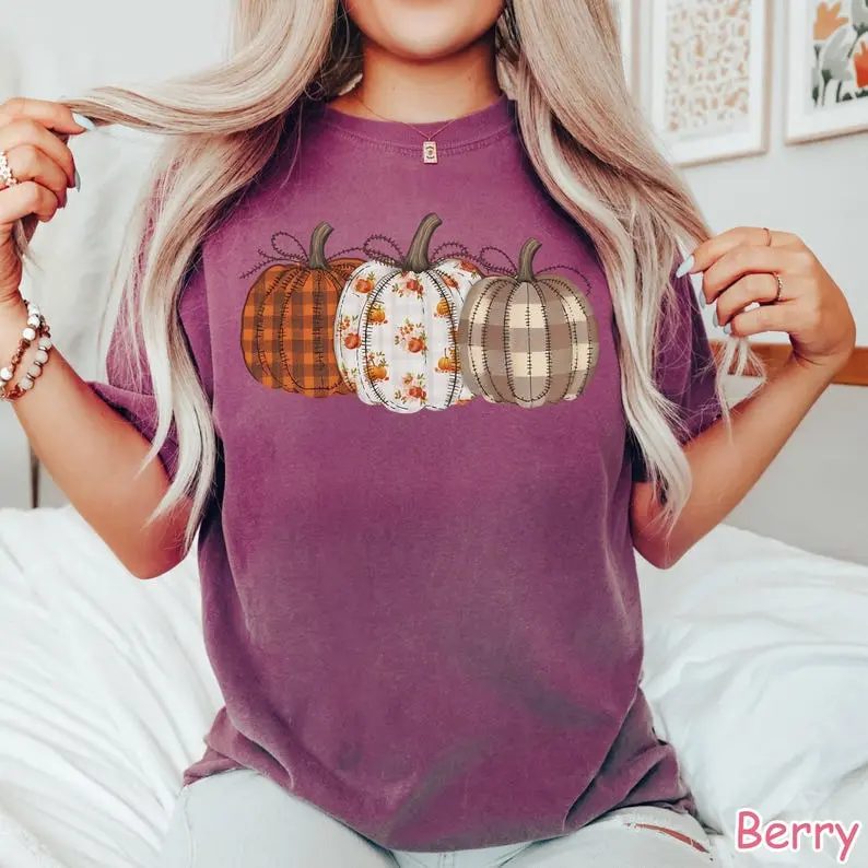 Comfort Colors Pumpkin Shirt, Patchwork Plaid Fall Graphic Tee, Cozy Pumpkin Patch Shirt — photo 4