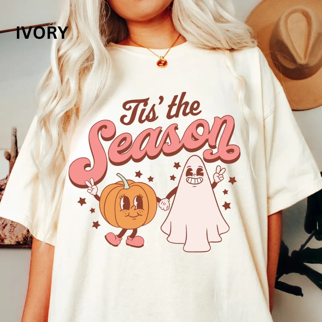 Comfort Colors Tis The Season Halloween Shirt, Retro Ghost and Pumpkin Graphic Tee, Fall Gift for Her