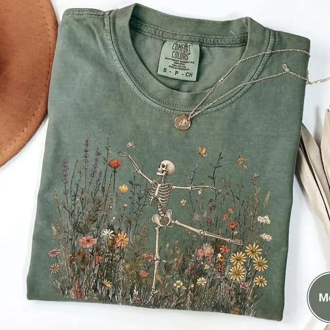Comfort Colors Skeleton Shirt, Wildflower Skeleton Graphic Tee, Cottagecore Halloween Gift for Her