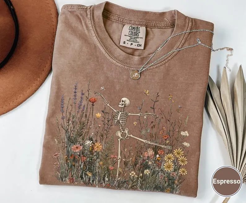 Comfort Colors Skeleton Shirt, Wildflower Skeleton Graphic Tee, Cottagecore Halloween Gift for Her — photo 2