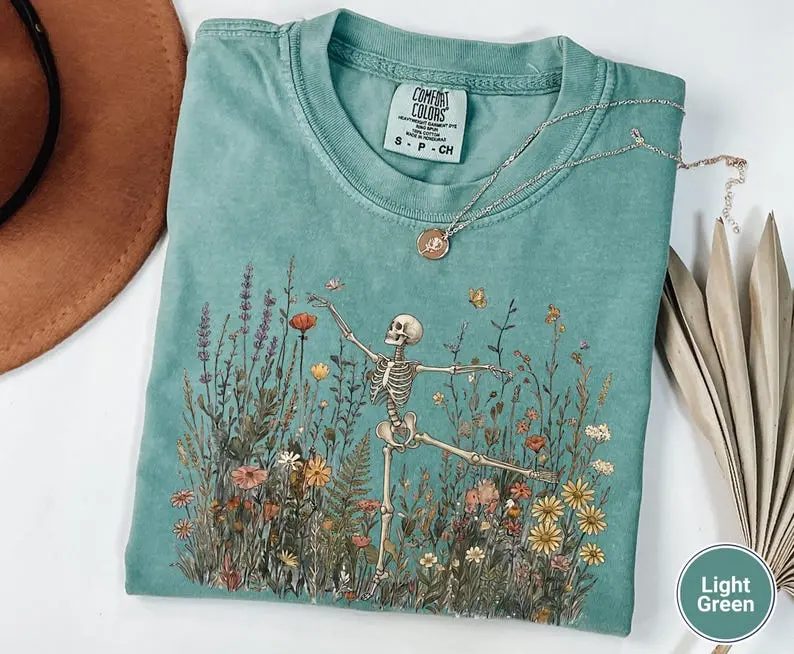 Comfort Colors Skeleton Shirt, Wildflower Skeleton Graphic Tee, Cottagecore Halloween Gift for Her — photo 3