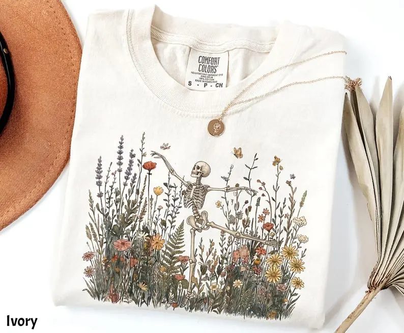 Comfort Colors Skeleton Shirt, Wildflower Skeleton Graphic Tee, Cottagecore Halloween Gift for Her — photo 4