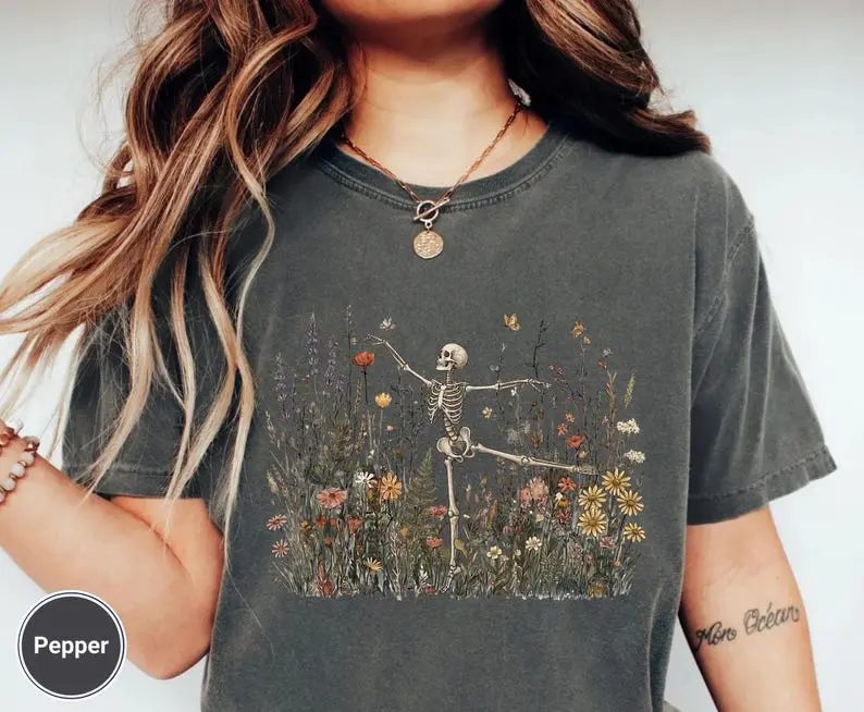 Comfort Colors Skeleton Shirt, Wildflower Skeleton Graphic Tee, Cottagecore Halloween Gift for Her — photo 5