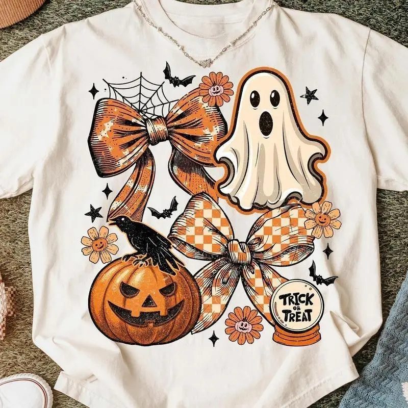 Comfort Colors Coquette Bow Halloween Ghost Shirt, Retro Ghost Pumpkin T Shirt, Trick or Treat Fall Tee