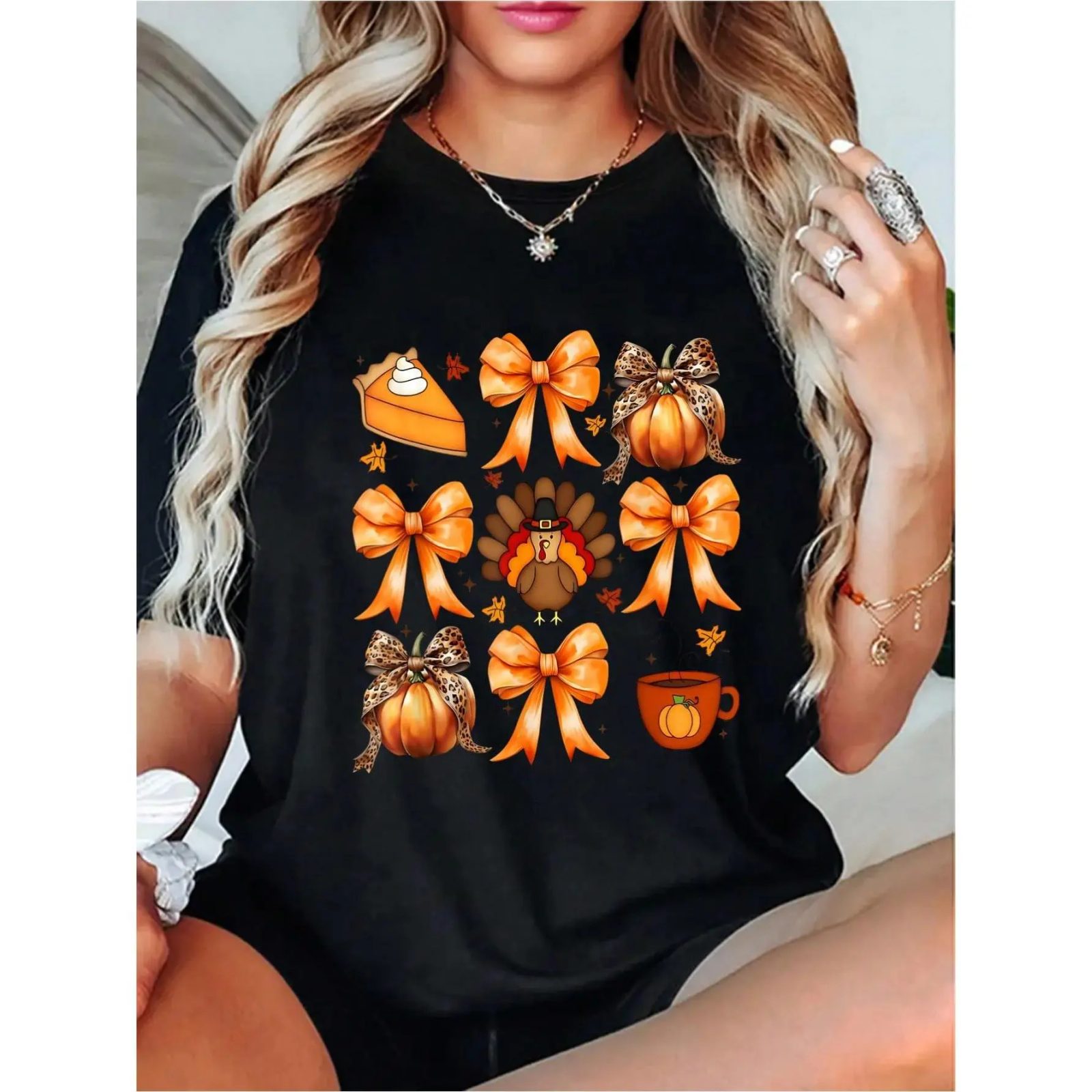 Coquette Bow Pumpkin Shirt, Pumpkin Pie and Turkey Fall Graphic Tee, Thanksgiving Gift for Her