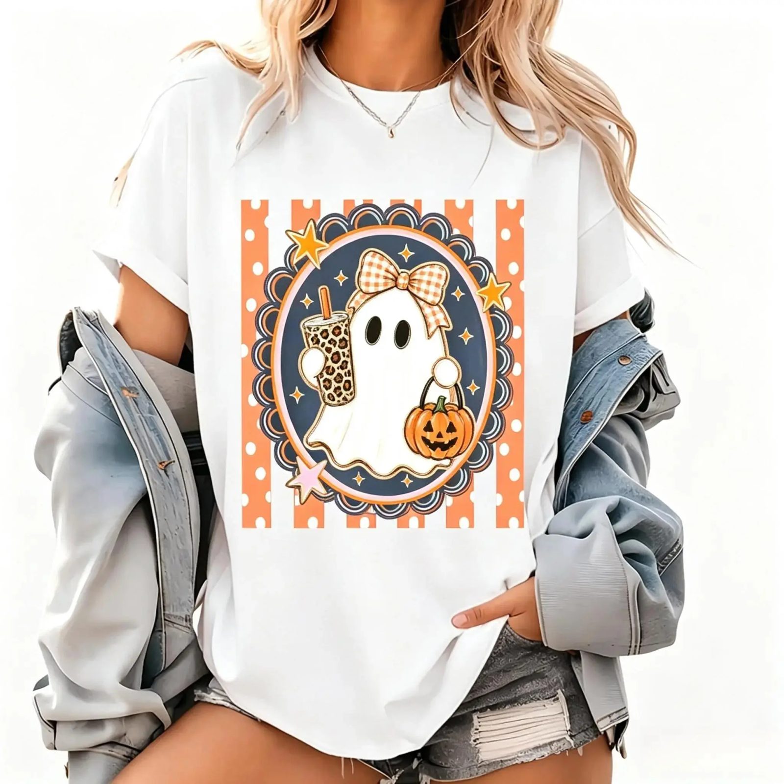 Comfort Colors Cute Ghost Shirt, Ghost Tee with Bow and Iced Coffee, Fall Gift for Her — photo 1