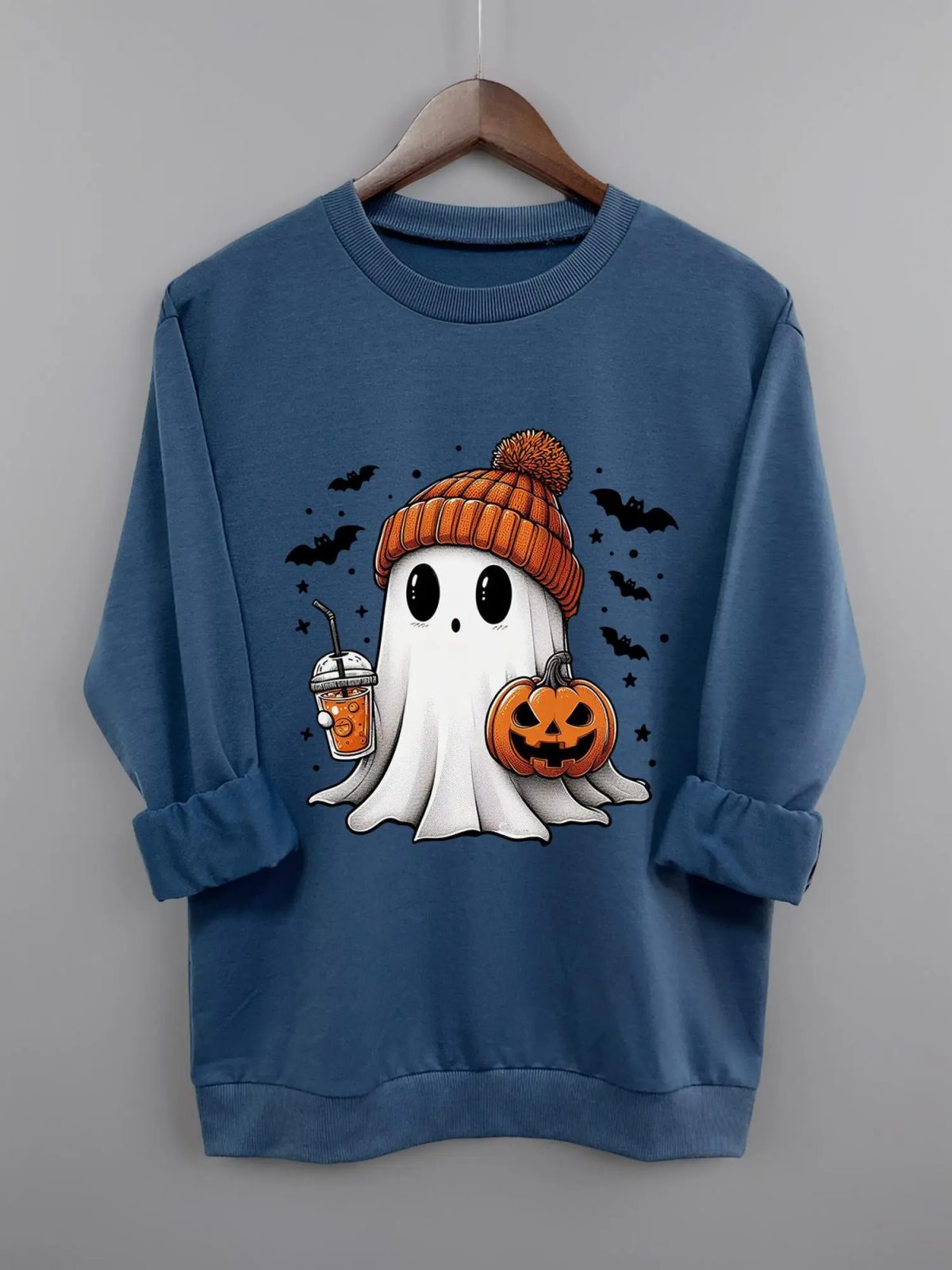 Cute Ghost Sweatshirt with Iced Coffee, Halloween Crewneck, Beanie Ghost and Pumpkin, Coffee Lover Gift