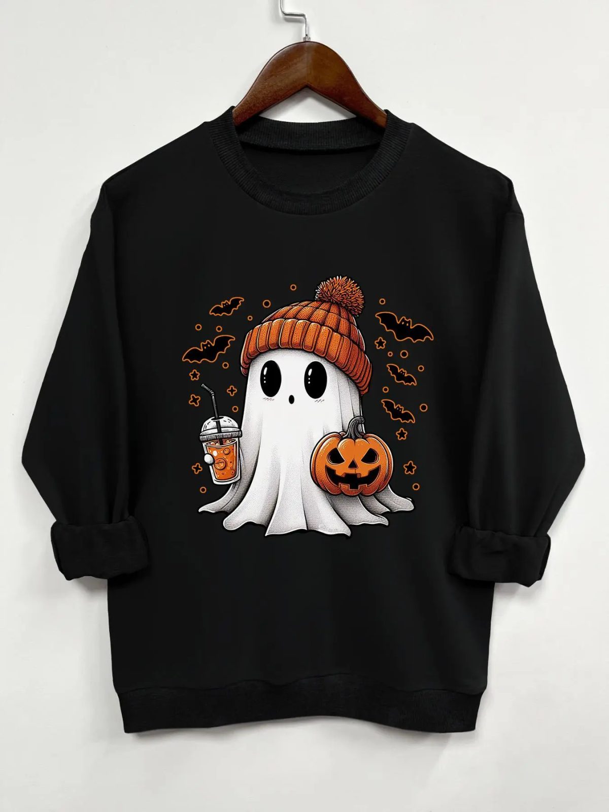 Cute Ghost Sweatshirt with Iced Coffee, Halloween Crewneck, Beanie Ghost and Pumpkin, Coffee Lover Gift — photo 2