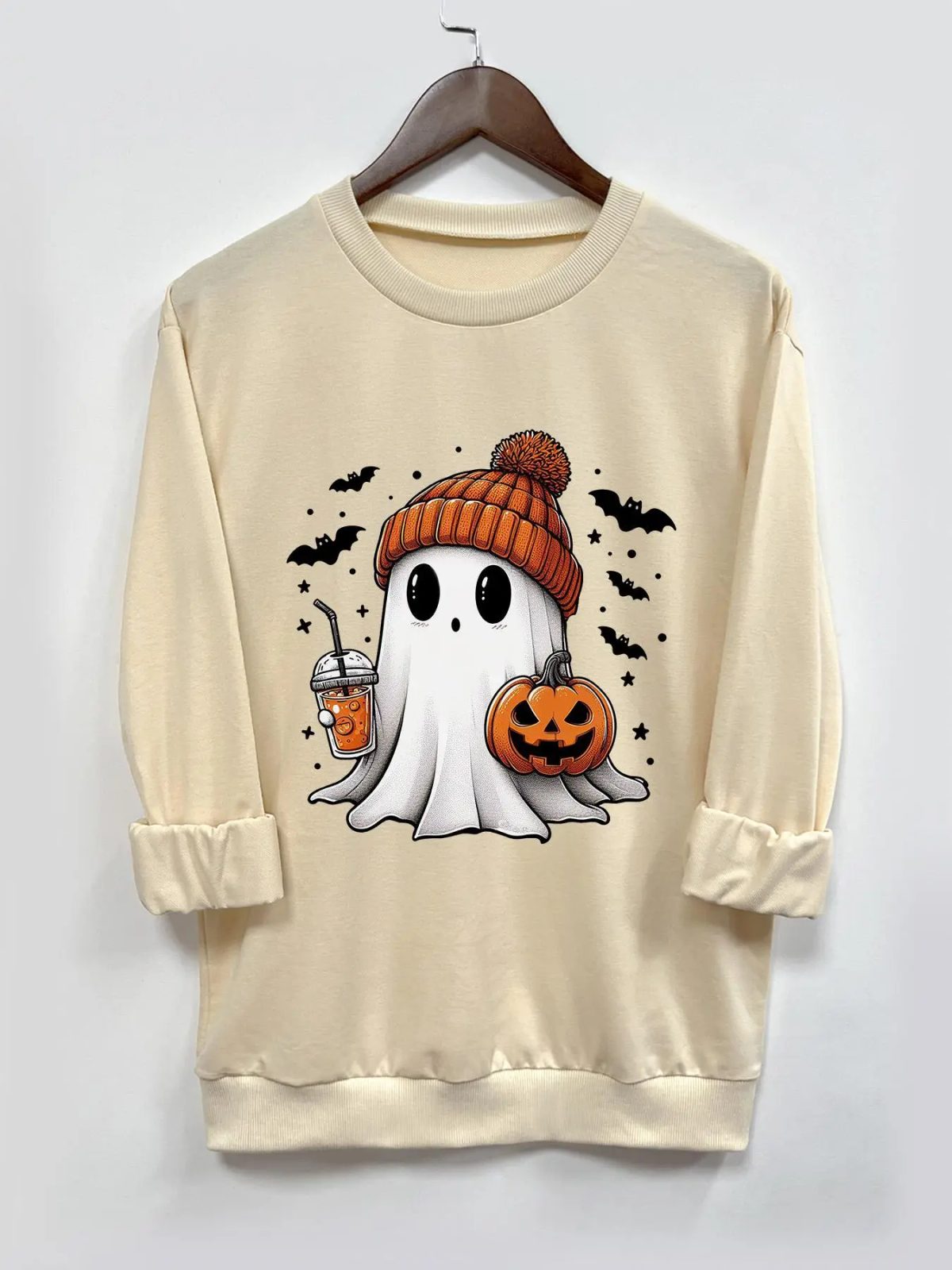 Cute Ghost Sweatshirt with Iced Coffee, Halloween Crewneck, Beanie Ghost and Pumpkin, Coffee Lover Gift — photo 3
