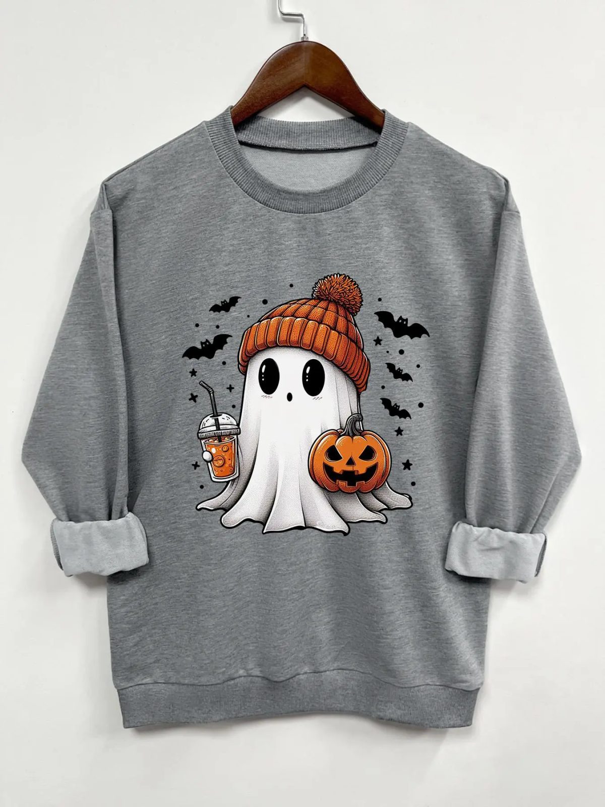 Cute Ghost Sweatshirt with Iced Coffee, Halloween Crewneck, Beanie Ghost and Pumpkin, Coffee Lover Gift — photo 4