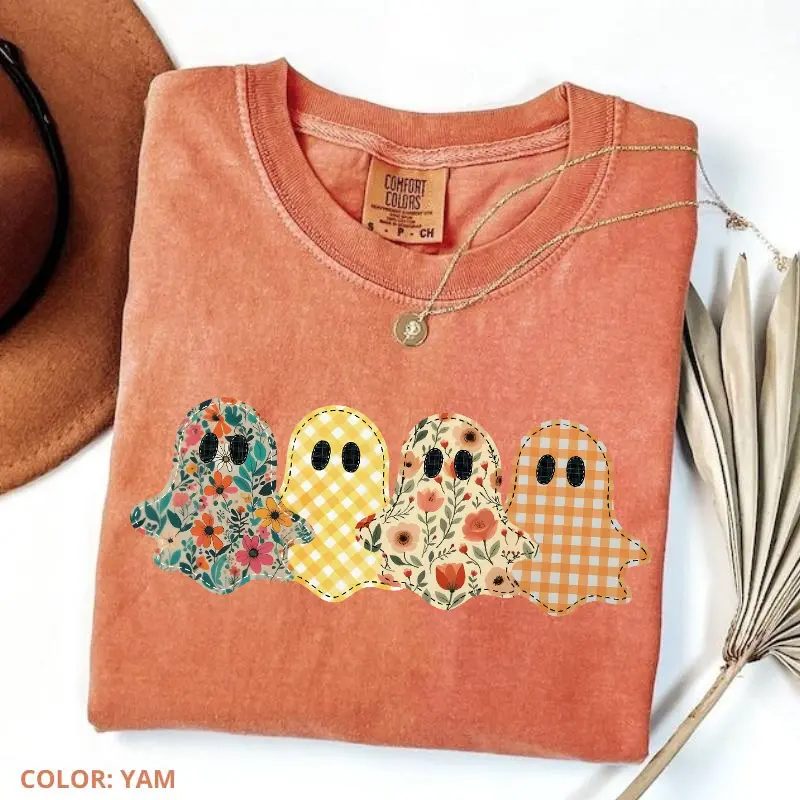 Comfort Colors Cute Ghost Shirt, Floral Patchwork Ghost Tee, Spooky Season Gift for Her — photo 2