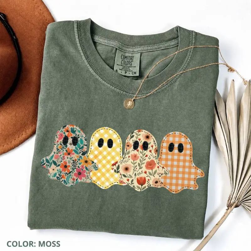 Comfort Colors Cute Ghost Shirt, Floral Patchwork Ghost Tee, Spooky Season Gift for Her — photo 3