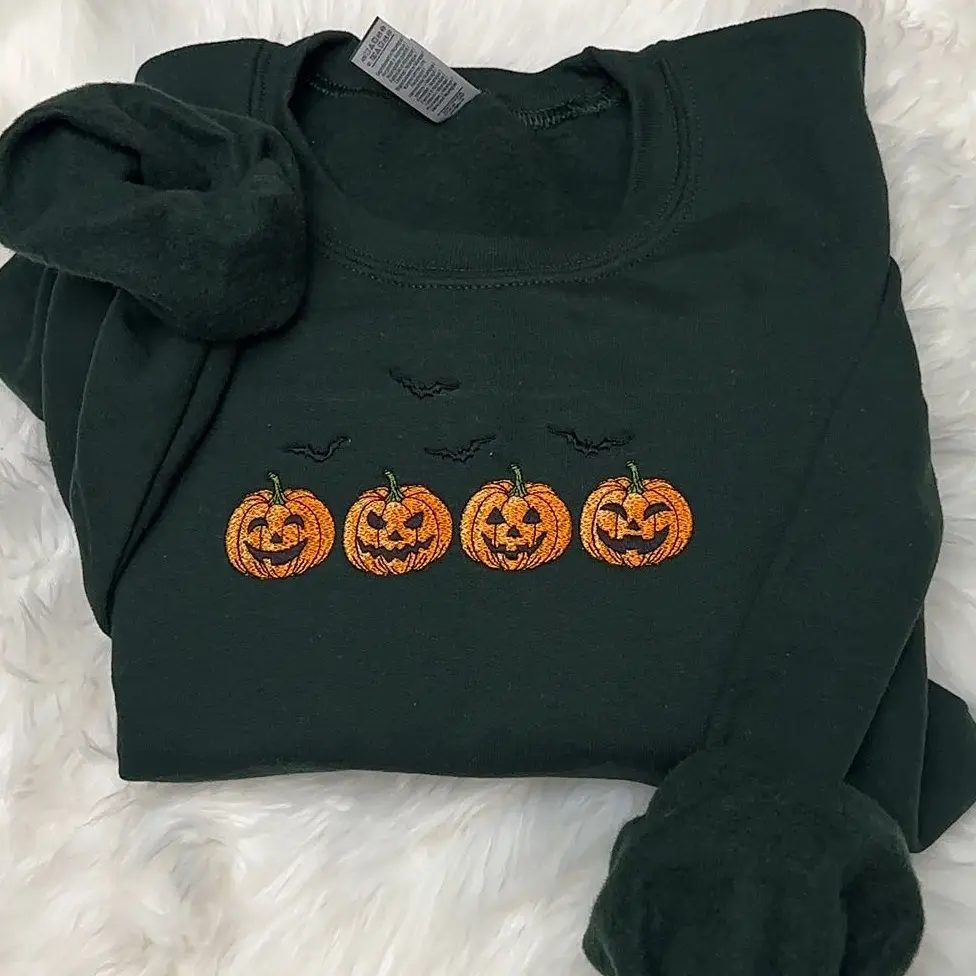 Embroidered Jack-O-Lantern Pumpkin Sweatshirt, Real Stitch Halloween Crewneck, Spooky Season Gift for Her