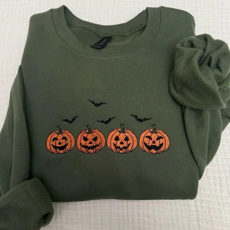 Embroidered Jack-O-Lantern Pumpkin Sweatshirt, Real Stitch Halloween Crewneck, Spooky Season Gift for Her - photo 2